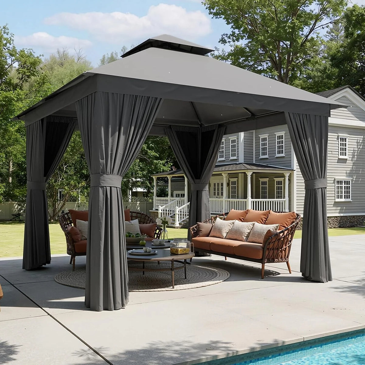Aoxun Heavy Duty Double Roof Gazebo With Zipper Screen Curtain
