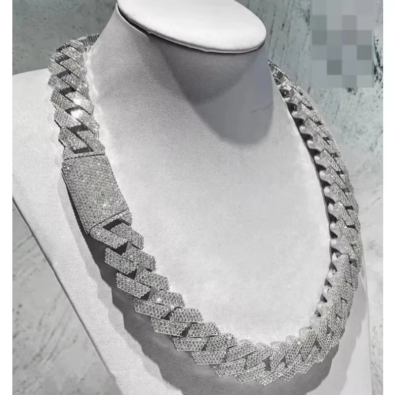 15mm Prong-Set Miami Cuban Chain Necklace, Double-Row Diamond-Set Square Cuban Chain Collar Jewelry
