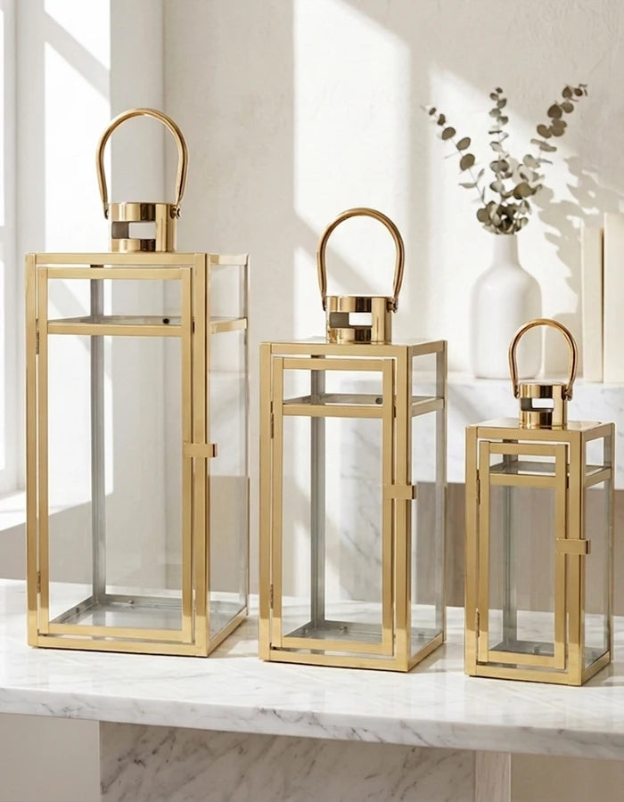 NEWIMAGE Stainless Steel Lantern Set With Tempered Glass Panels