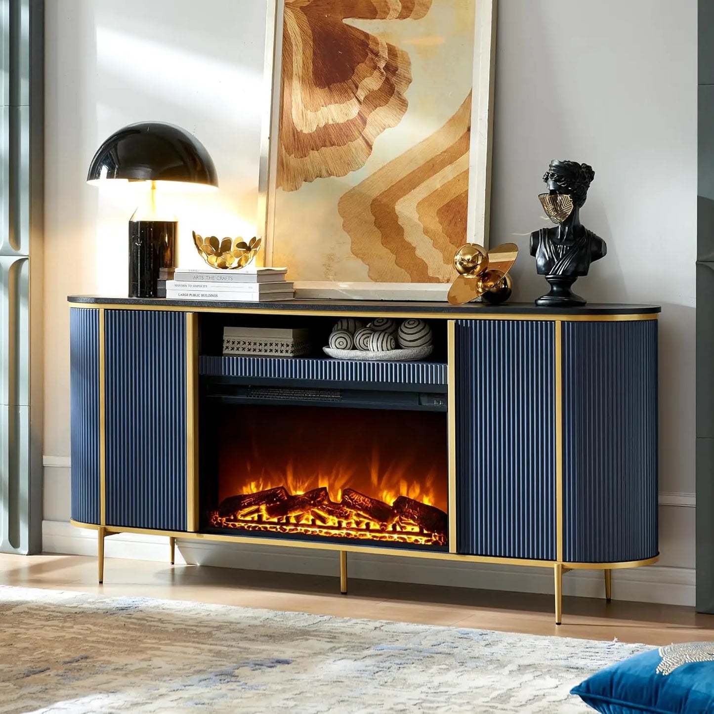 Fluted Fireplace TV Stand With Faux Marble Modern Curved Console