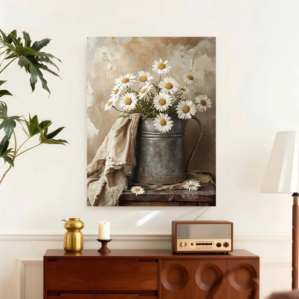 Framed Canvas Print Vintage Daisies In Distressed Metal Can