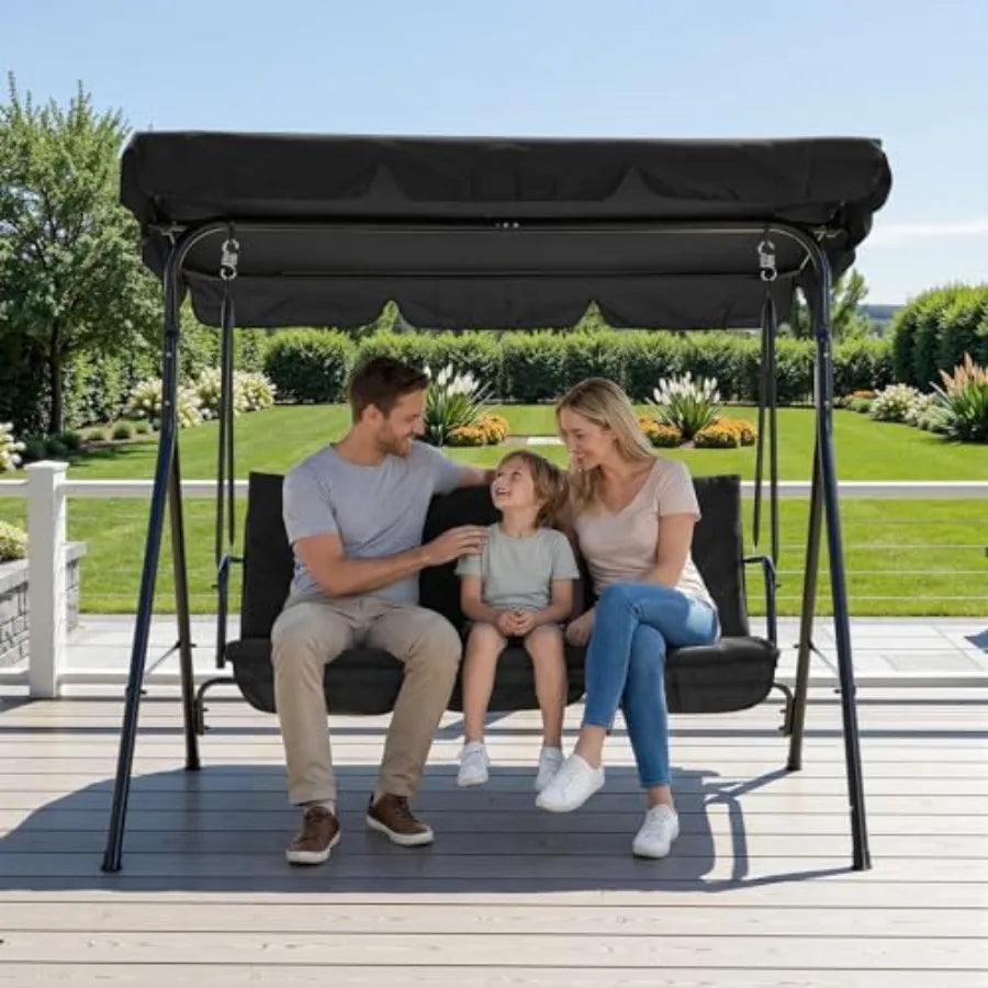 3-Person Outdoor Porch Swing Chair with Adjustable Canopy, Breathable Fabric Seat and Backrest, Armrests, Heavy-Duty Frame, 600