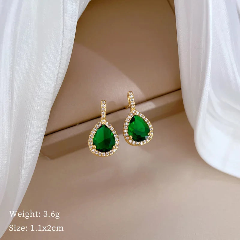 XIYANIKE Water Drop Emerald Zircon Pendant Necklace Earrings Jewelry Set For Women Stainless Steel Chain Necklaces Party Gift