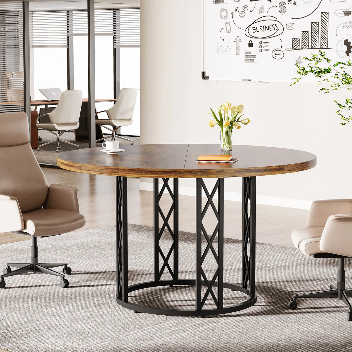 Tribesigns Round Wood Dining Kitchen Table with Sturdy Metal Base