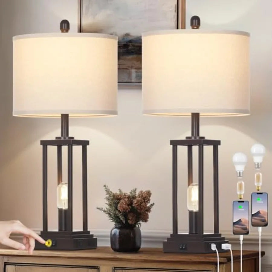 Rustic Farmhouse Table Lamps With Night Light, Set of Two