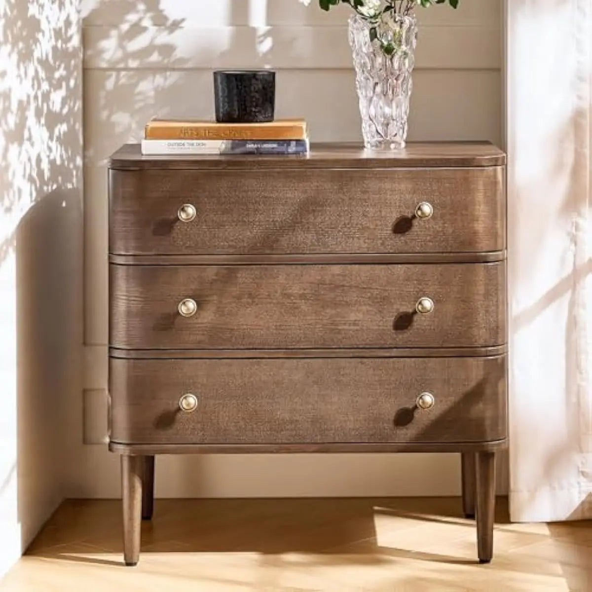 3-Drawer Curved End Table Set with Built-in Outlet & Adjustable Feet – Walnut Finish Solid Wood Construction – Modern Living Roo