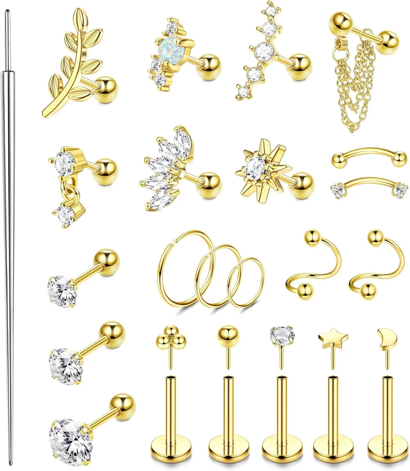 22Pcs 16G Cartilage Earrings for Women-Surgical Stainless Steel Earring Set Flat Back Earrings Nose Studs Helix Piercing Jewelry