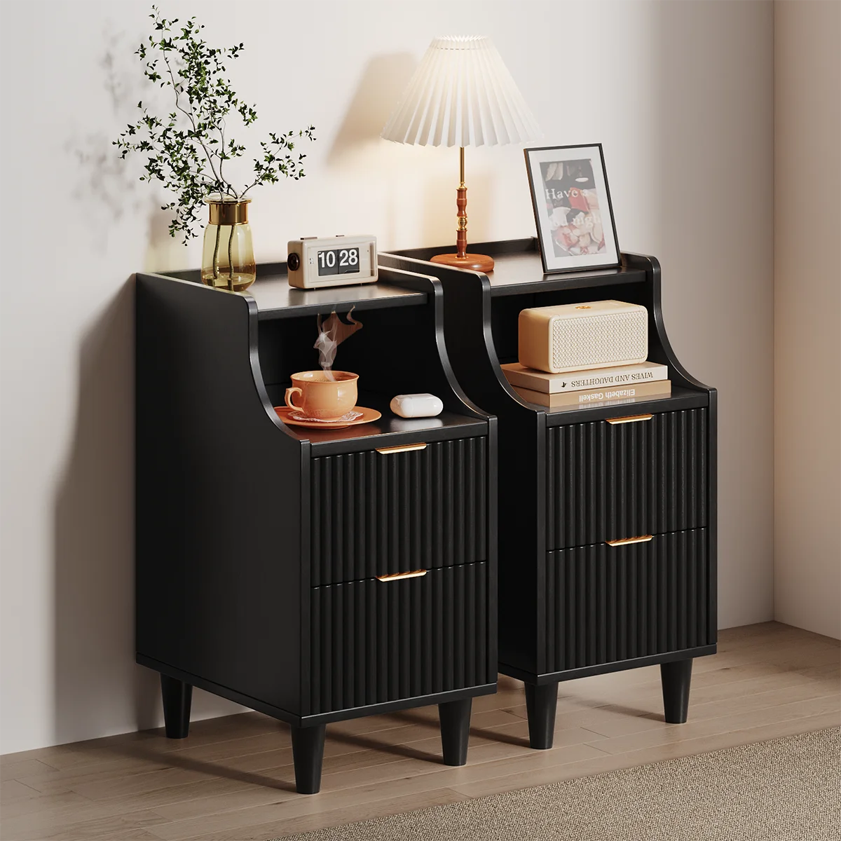 Set of 2, Narrow Nightstand with 2 Drawers, Slim Bedside Table | 11.81"W Modern Nightstand with Open Shelf , Space Saving Storage Cabinet for Bedroom and Study