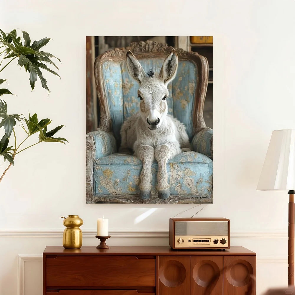 Framed 1pc, With A Frame Measuring , Featuring A Charming Donkey Resting On A Blue Chair, Whimsical Farmhouse Animal Canvas Art