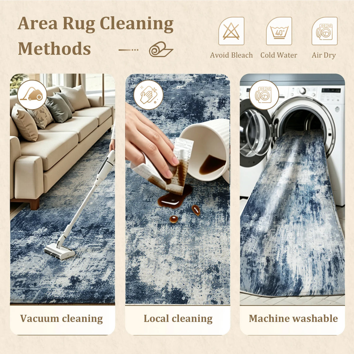 Large Indoor Area Rug, Soft Velvet Low Pile Floor Rug with Non-Slip Dotted Backing, Machine Washable Abstract Blue White Art Pattern Rug for Living Room, Bedroom, Modern Home Decor