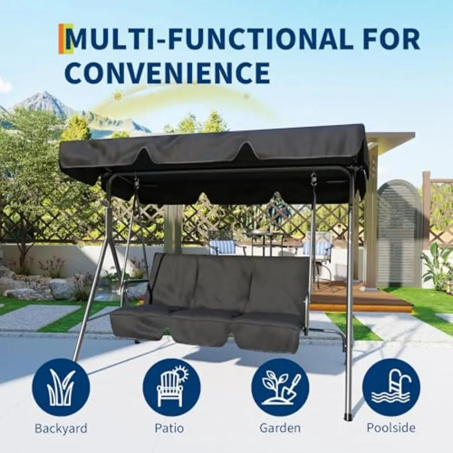 3 Seat Outdoor Porch Patio Swing with Stand and Adjustable Canopy, 800lbs Patio Chairs Porch Swing with Adjustable Tilt Shade f