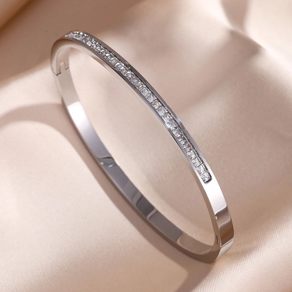 Sparkling Zirconia Inlaid Stainless Steel Bracelet Set For Women
