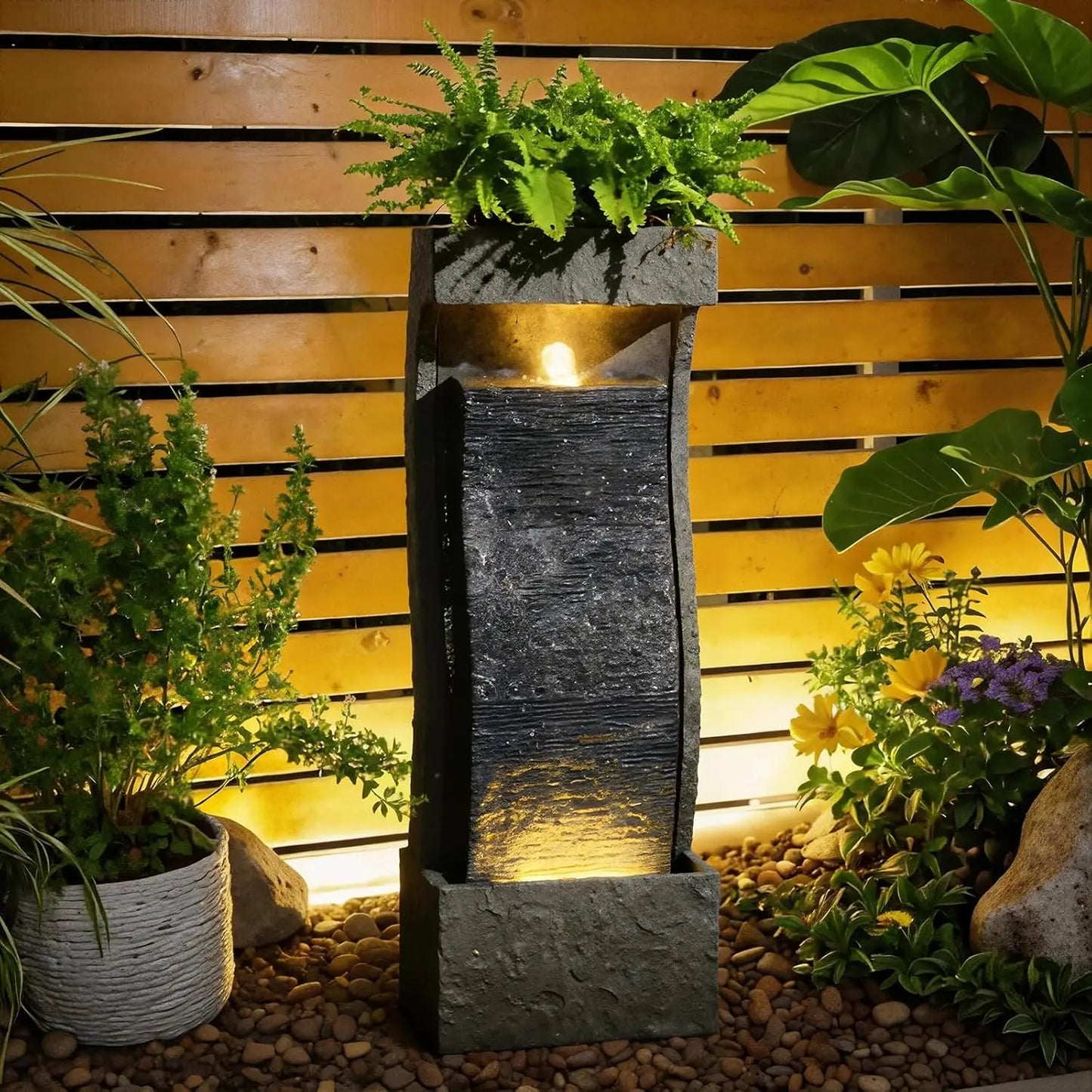 5-Tier Tree Trunk Outdoor Water Fountain LED Garden Decor