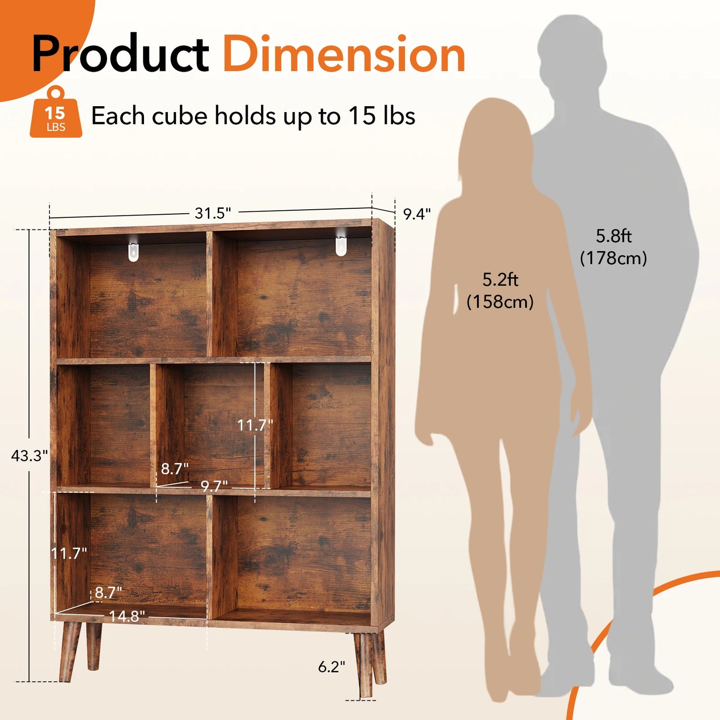 JHK 3 Tier Bookshelf Wooden 7 Cube Storage Organizer Display Bookcase Open Standing Shelf with Legs Graduated Shelves for Home