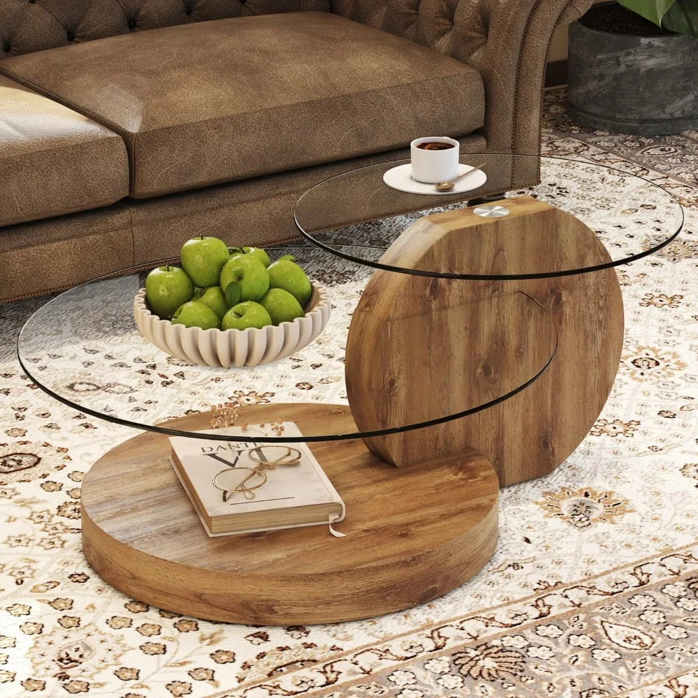 Preferred 42 Inches Glass Coffee Table, Modern Round Tempered Glass Coffee Tables for Living Room, 3-Tier Circle Wood Coffee Tab