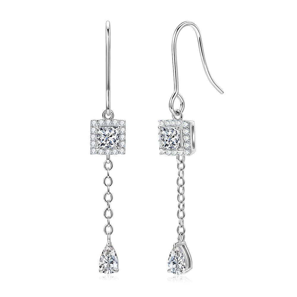 OXTAO Princess Cut Moissanite Geometric Stud Earrings 3.5x3.5mm D VVS1 for Women Long Tassel Drop Earrings Women's Jewelry Gift