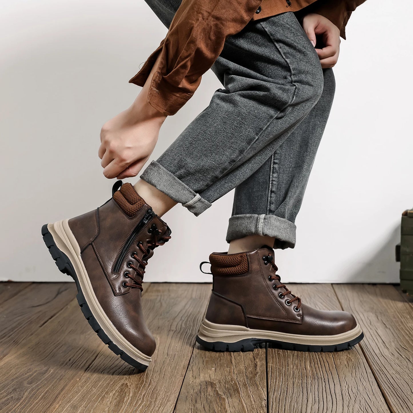 Brown Leather Waterproof Work Shoes Steel Toe Men Work Safety Shoes Zipper's Construction Shoes Outdoor Work Footwear