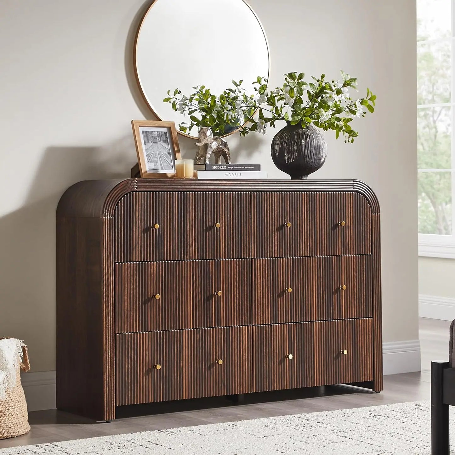 Fluted 6 Drawer Dresser Bedroom 54in Wide Curved Profile Wood TV Stand Living Room Hallway Oak, Customized