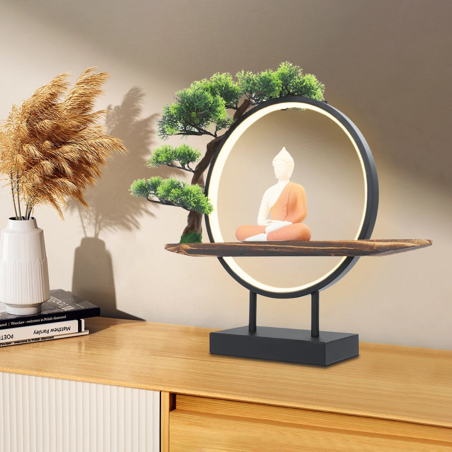 Buddha Indoor Statue Desktop Ornament With LED Circle Lamp