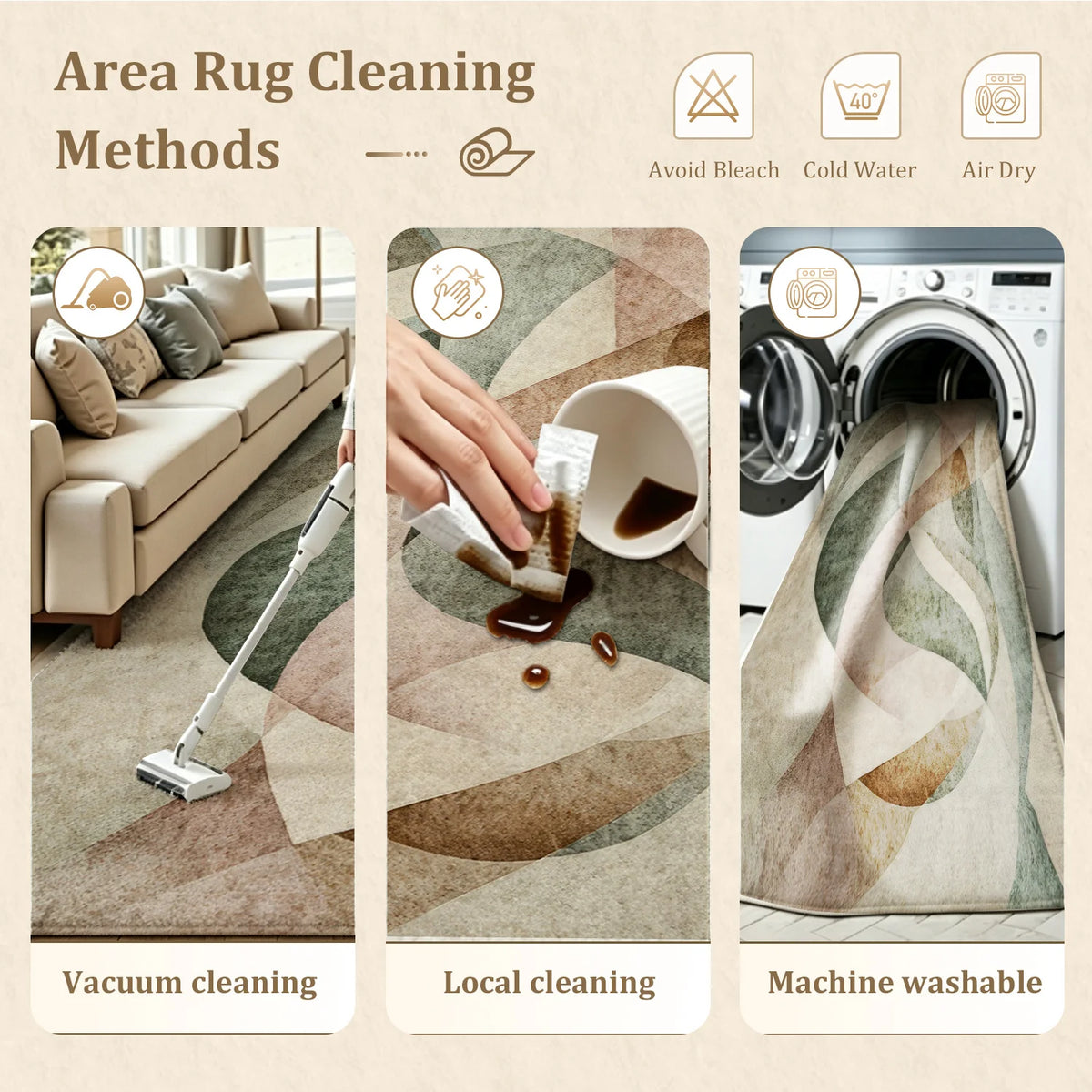 Large Indoor Area Rug, Soft Velvet Low Pile Non-Slip Dotted Backing Machine Washable, Modern Abstract Curved Pattern Rug for Living Room Bedroom, Muted Sage Blush Beige Earth Tones
