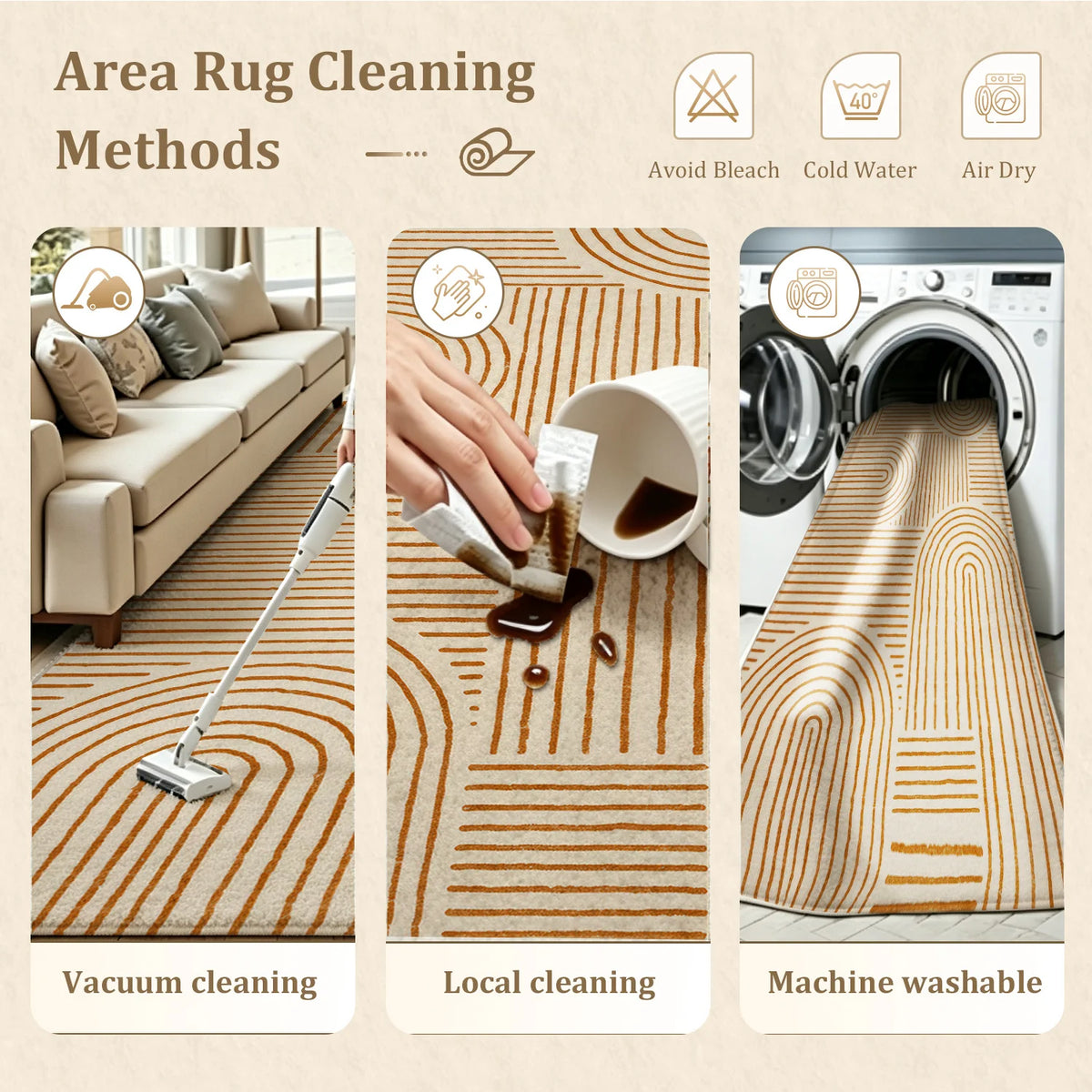 Large Indoor Area Rug, Soft Velvet Low Pile with Non-Slip Dotted Backing, Machine Washable Modern Geometric Line Pattern, Neutral Terracotta Abstract Rug for Living Room and Bedroom Home Decoration
