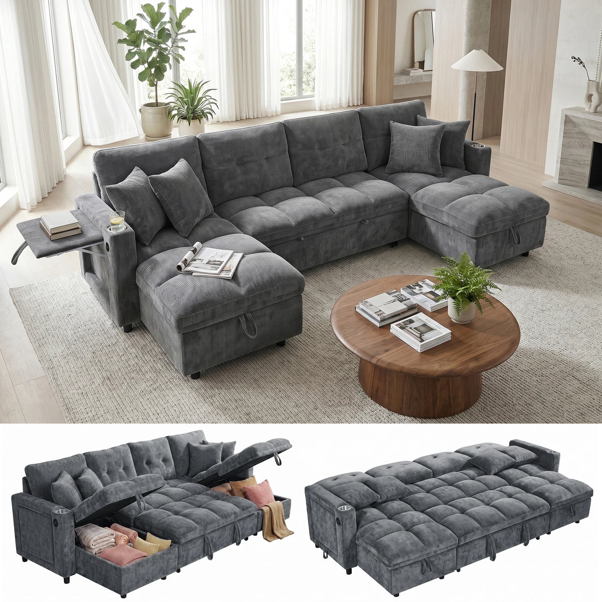 Convertible U-Shaped Sleeper Sofa, 107.8" 2-in-1 Pull Out Bed Sectional with Double Storage Chaise, Charging Station and Cup Holders, Chenille Fabric Couch for Living Room, Blue
