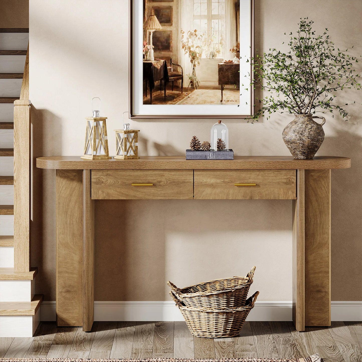Tribesigns 63-Inch Console Table with 2 Drawers, Farmhouse Oval Curved Entryway Table with Storage for Living Room, Hallway, Entrance, Brown