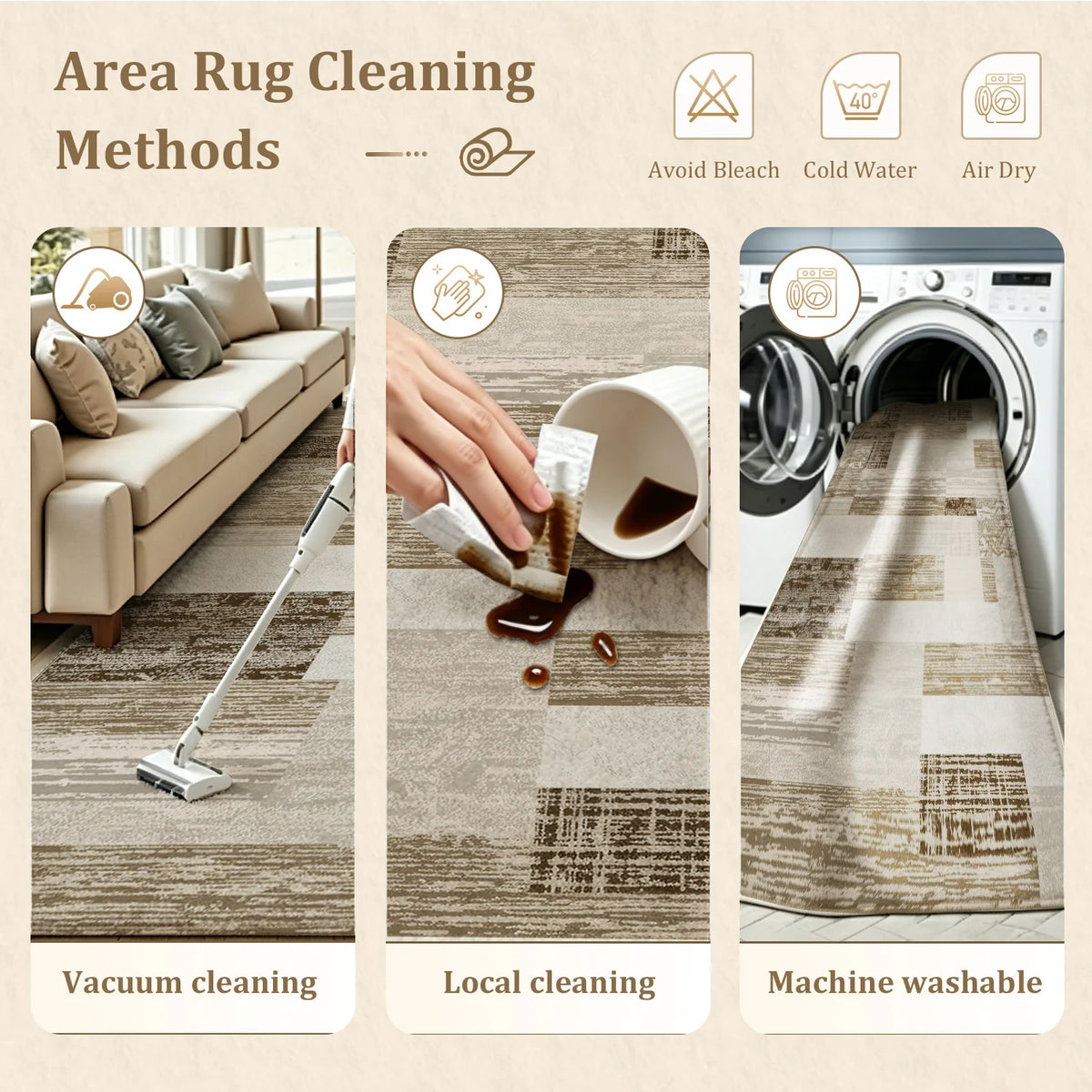 Large Indoor Area Rug, Soft Velvet Low Pile Rug with Non-Slip Dotted Backing, Machine Washable Neutral Wood Block Patchwork Floor Rug for Living Room and Bedroom
