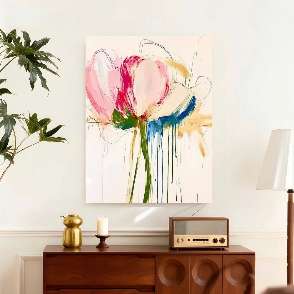 Framed 2D Flat S Colorful Abstract Floral Wall Art With Wooden Frame - Canvas, Pink, Blue, And Green Flower Designs For Bedroom,