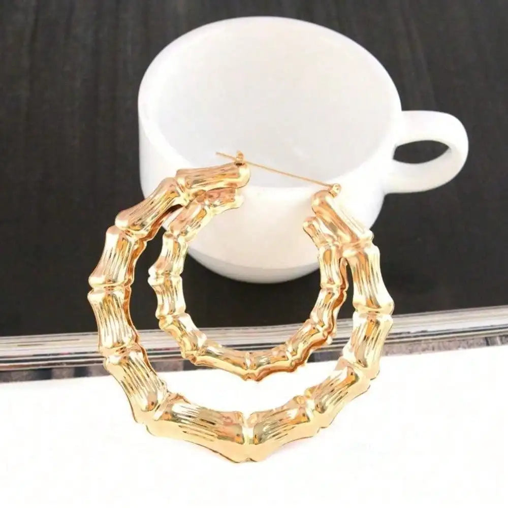 6pcs Golden Bamboo Hoop Earrings for Women, Fashion Statement Jewelry for Daily Wear