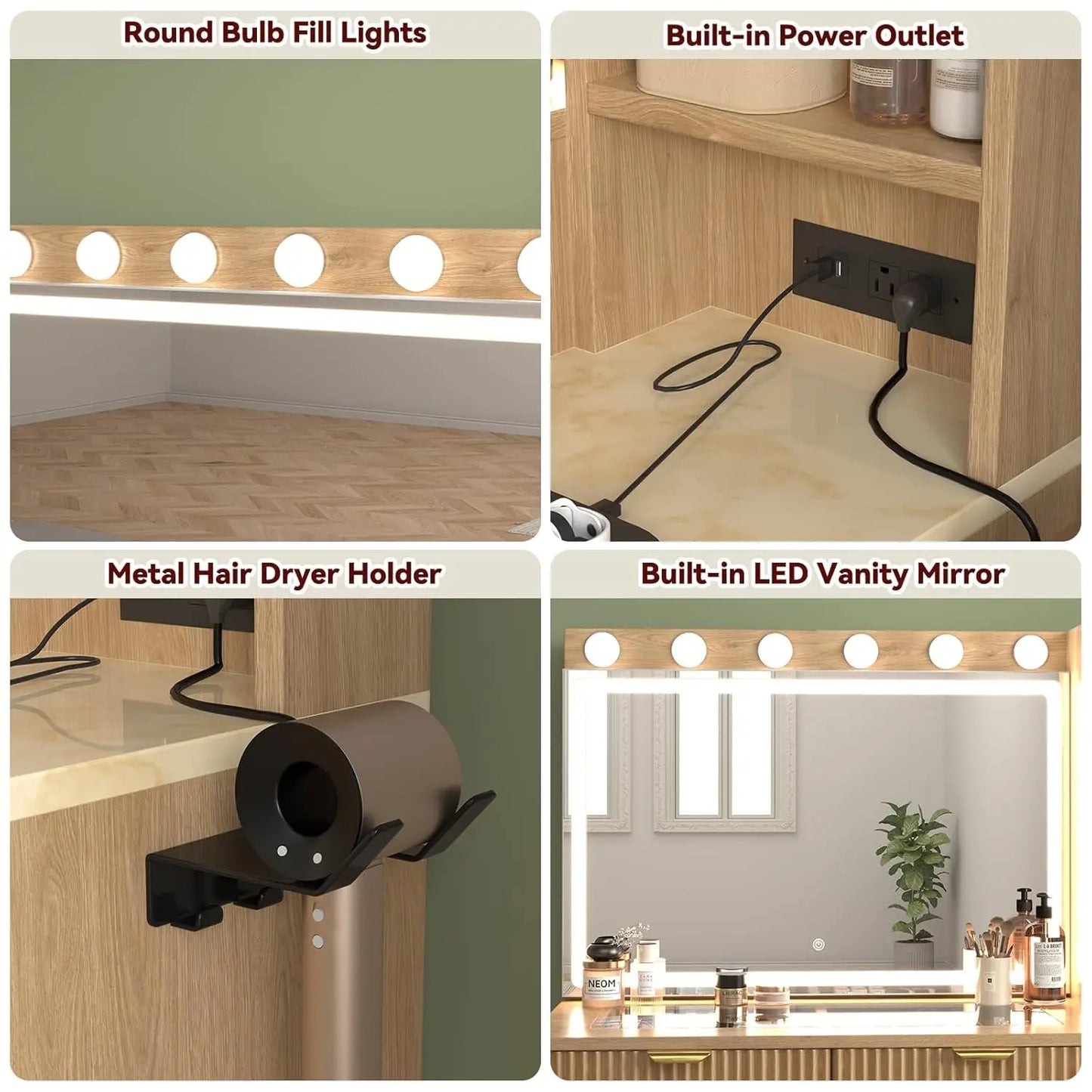47" Fluted Makeup Vanity Desk with 32" Mirror & Lights Charging Station Glass Top 5 Drawers 2 Cabinets Bedroom, Customized