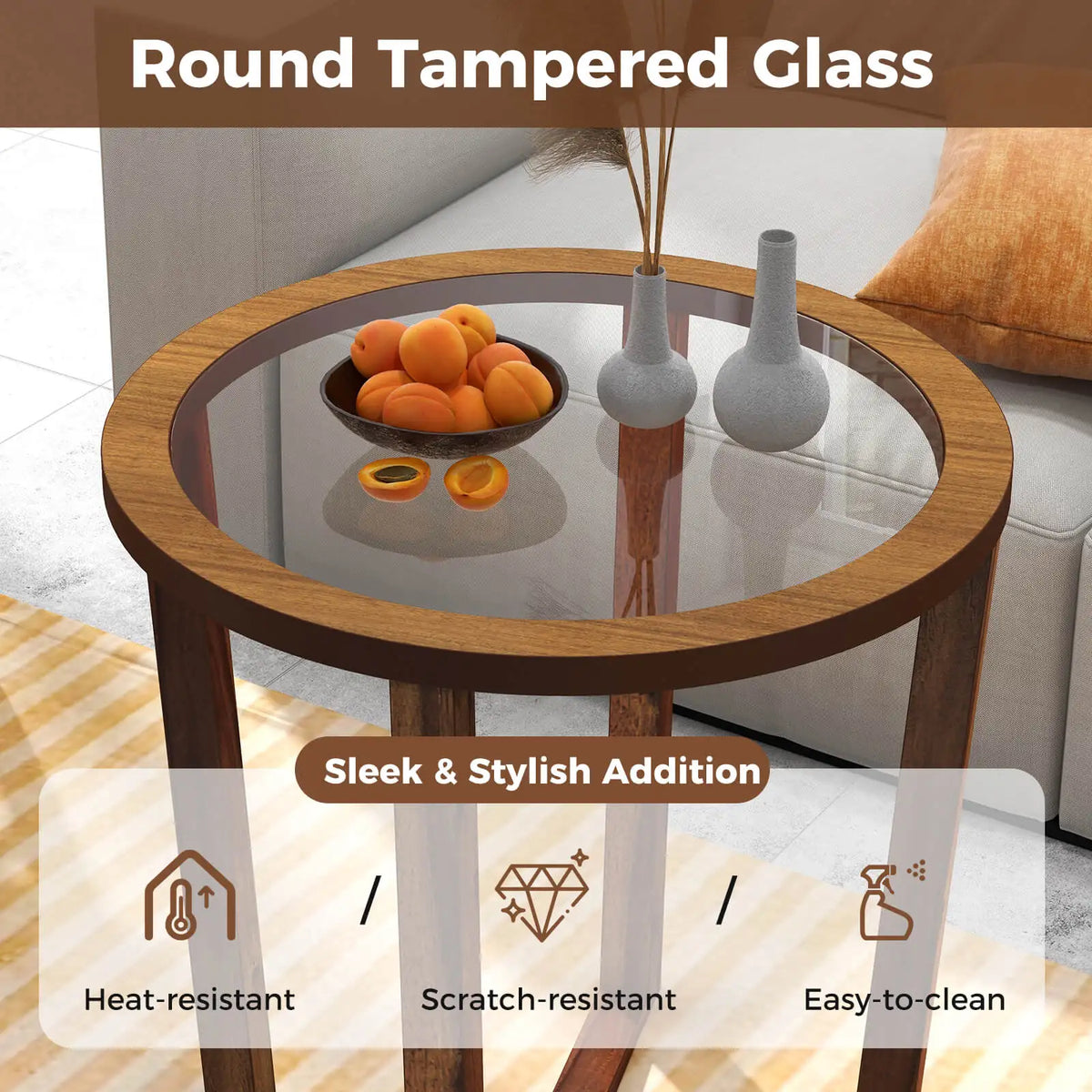 Homasis Modern Round End Table Featuring Tempered Glass Top