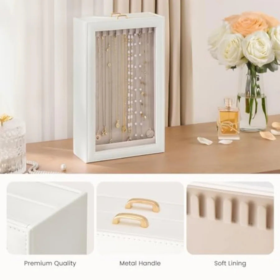 Necklace Organizer Box, Jewelry Storage Box with Clear Window for Necklaces Bracelets, Tangle-Free Necklace Display Case for Wo