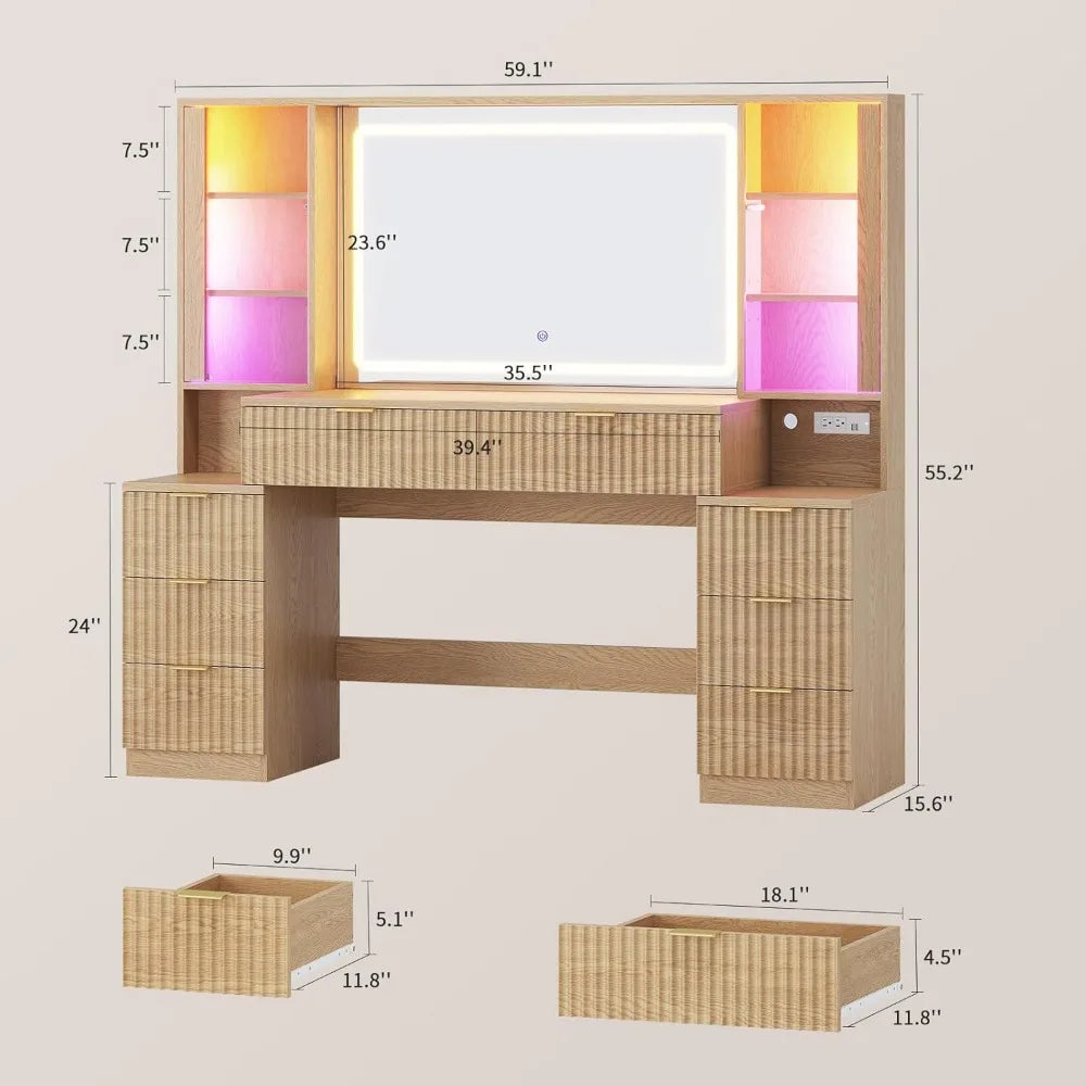 Large Fluted Wood Vanity Desk with Mirror LED Lights 8 Drawers Charging Station Bedroom 59.1in Oak Customized