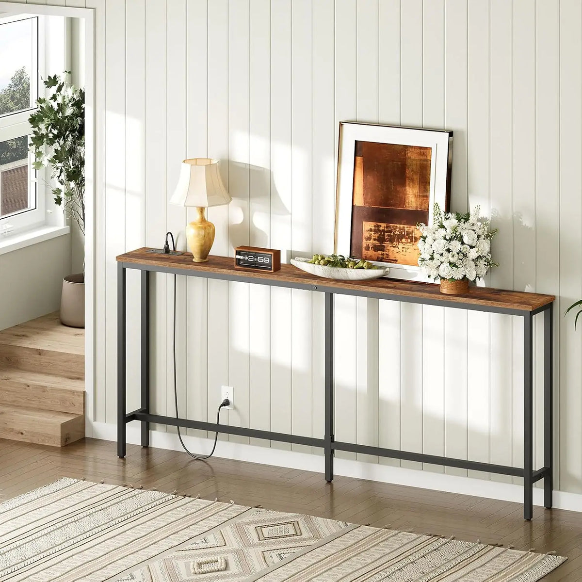 70.9-Inch Console Table with Power Outlet and Charging Station, Narrow Sofa Table, Skinny Behind Couch Table for Entryway, Hallway, Foyer, Living Room, Rustic Brown