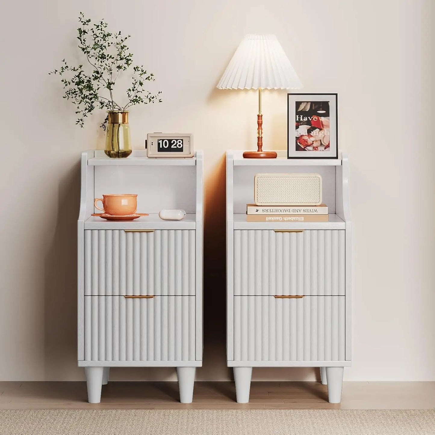 Narrow Nightstand Set of 2,11.8" Fluted Bedside Table Set of 2, Slim Side End Table with 2 Drawers, Wooden Bedside, Customized