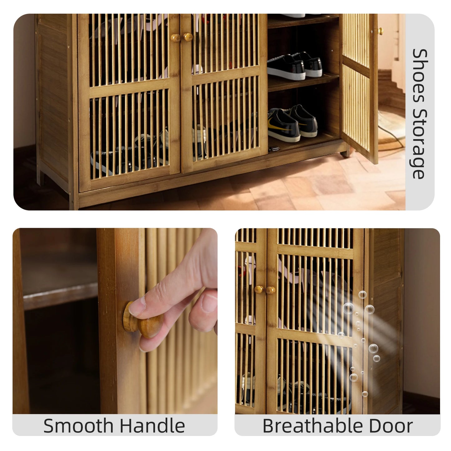 4 Tier Shelves Shoe Storage Cabinet Shoes Rack with 3 Hollow Doors Shoe Organizer Cabinet for Entryway Closet Hallway