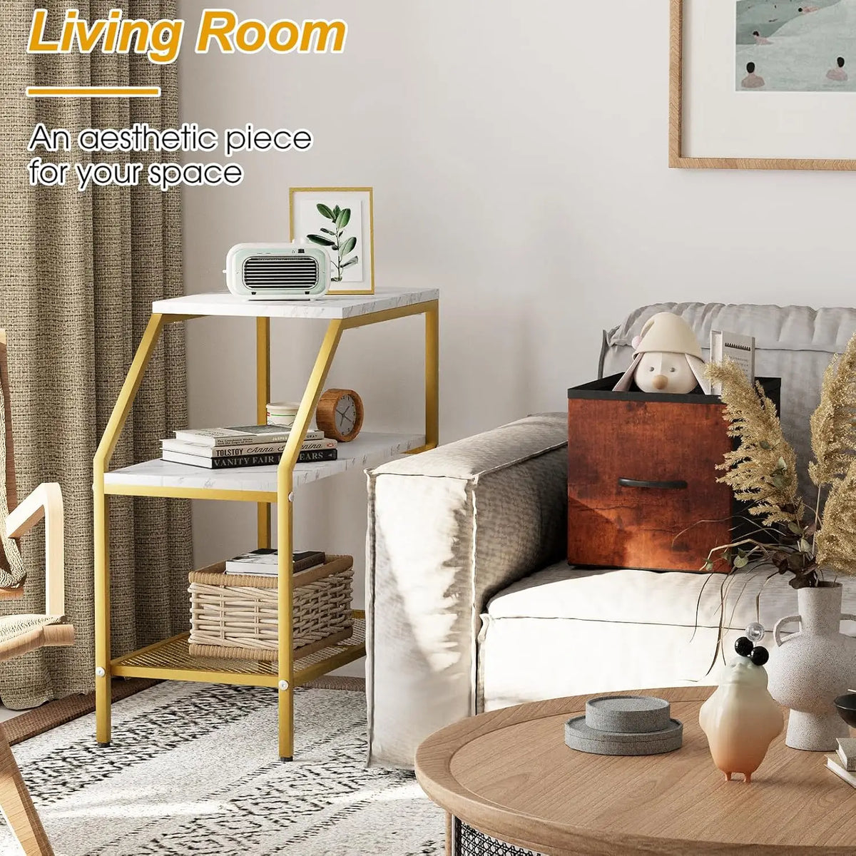 Wolawu End Table 3 Tiers 2pcs White Marble Wood Nightstand with Storage Ladder Shelf,Industrial Sofa Side Table for Small Space, Modern Trapezoid Plant Stand in Living Room Bedroom,Gold Metal Frame