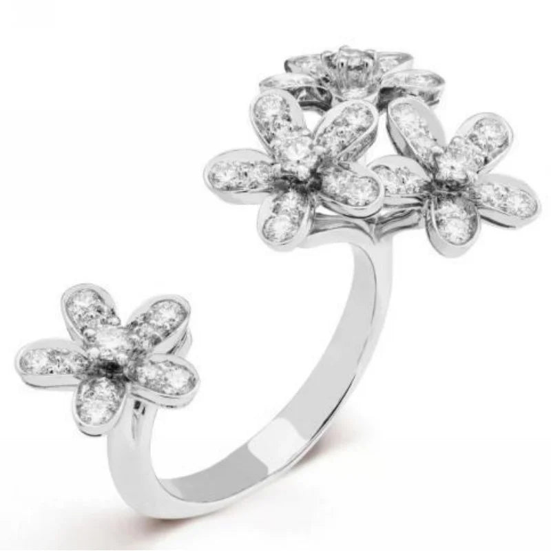Silver Plated Four-Flower Cluster Open Ring with Paved CZ Design