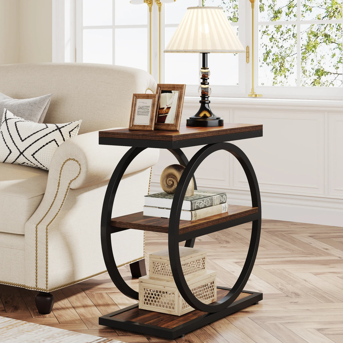 Tribesigns Industrial End Table With 3 Storage Shelves Metal Frame