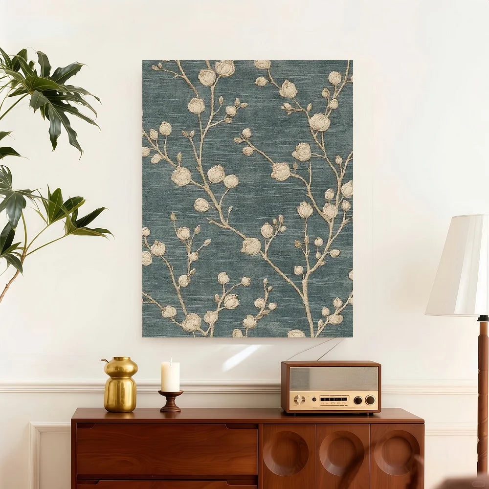 Framed 1pc, Wall Art, Fashion Poster, French Country Vintage Botanical Art Print, Gray-blue Textile Canvas Painting, Living Room