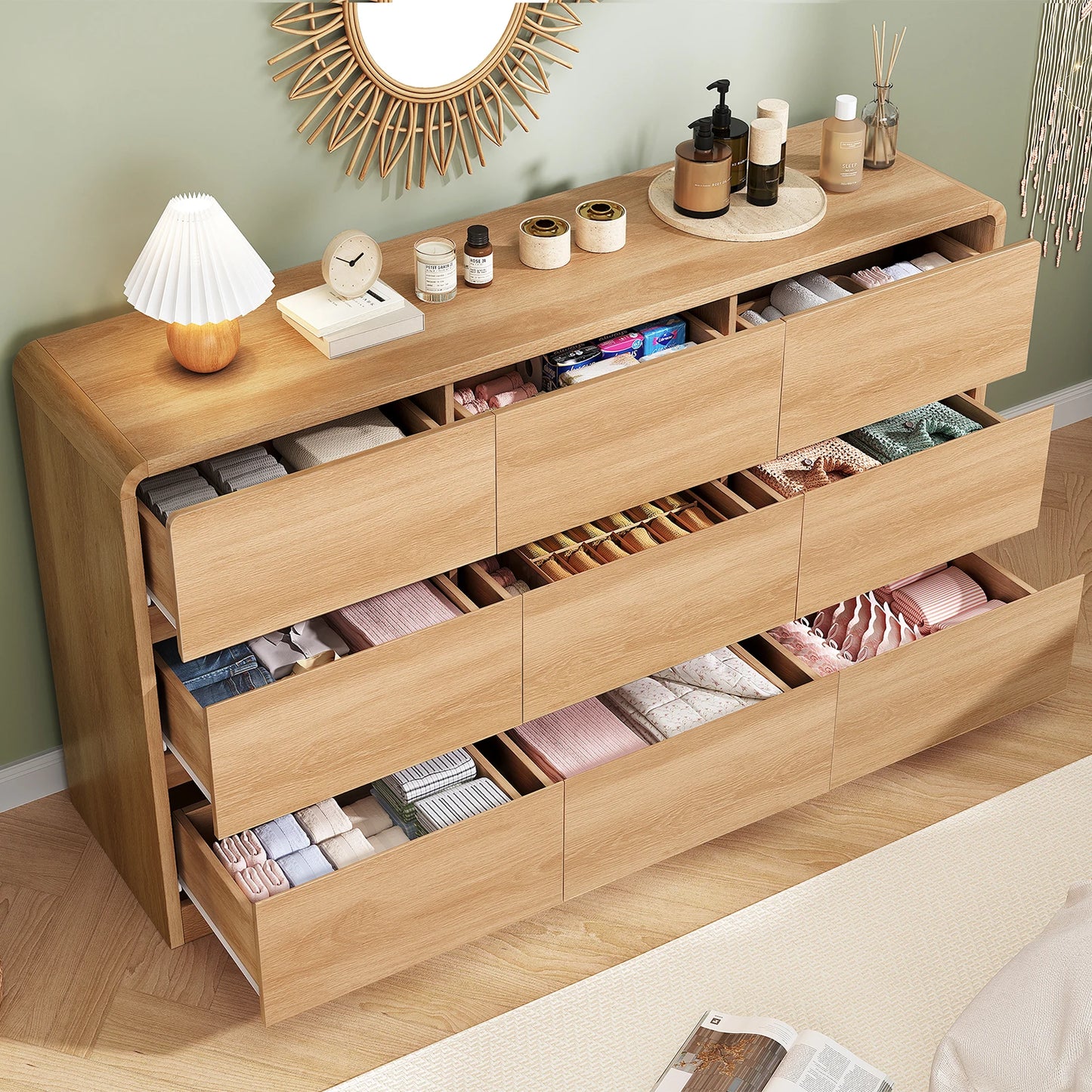 9 Drawer Dresser for Bedroom, 63" Wide Dressers & Chest of Drawers with Curved Profile Design, Wood Closet Storage Dressers Orga