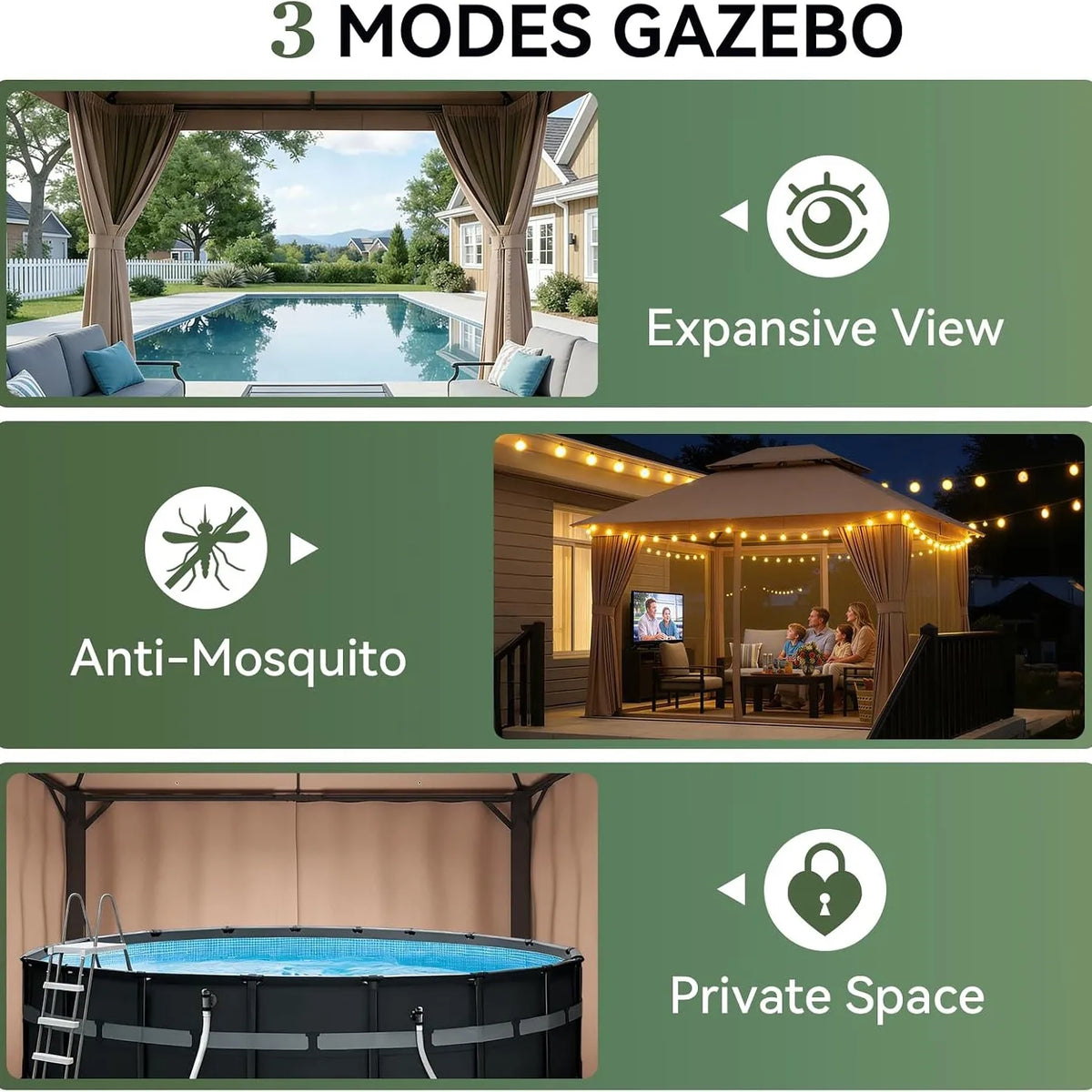 Aoxun Heavy Duty Double Roof Gazebo With Zipper Screen Curtain