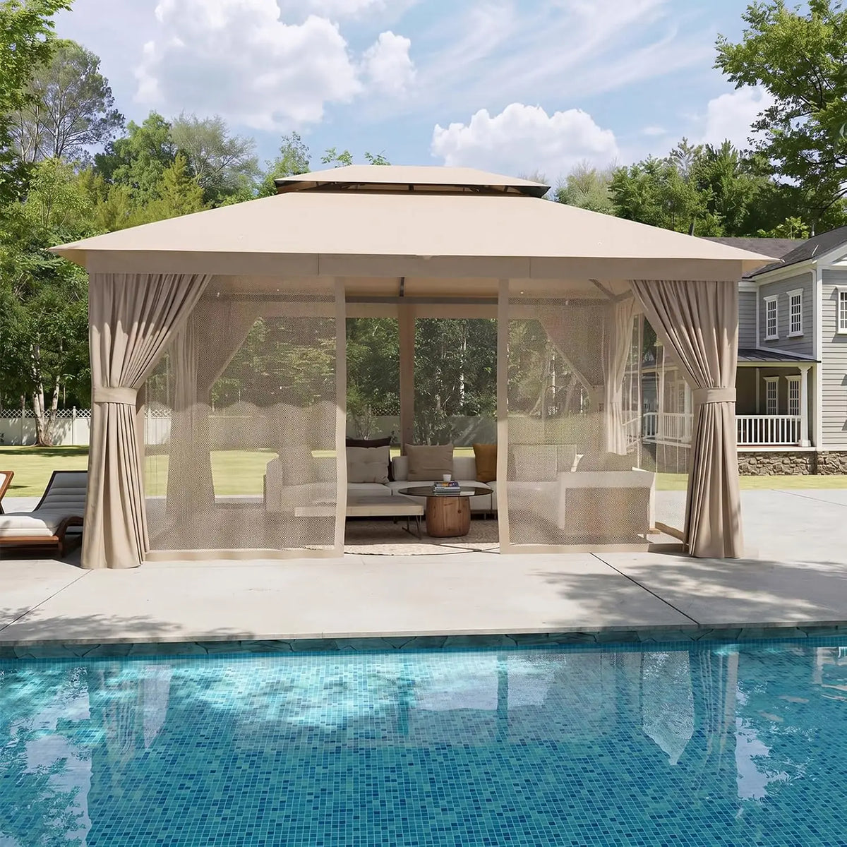 Aoxun Heavy Duty Double Roof Gazebo With Zipper Screen Curtain