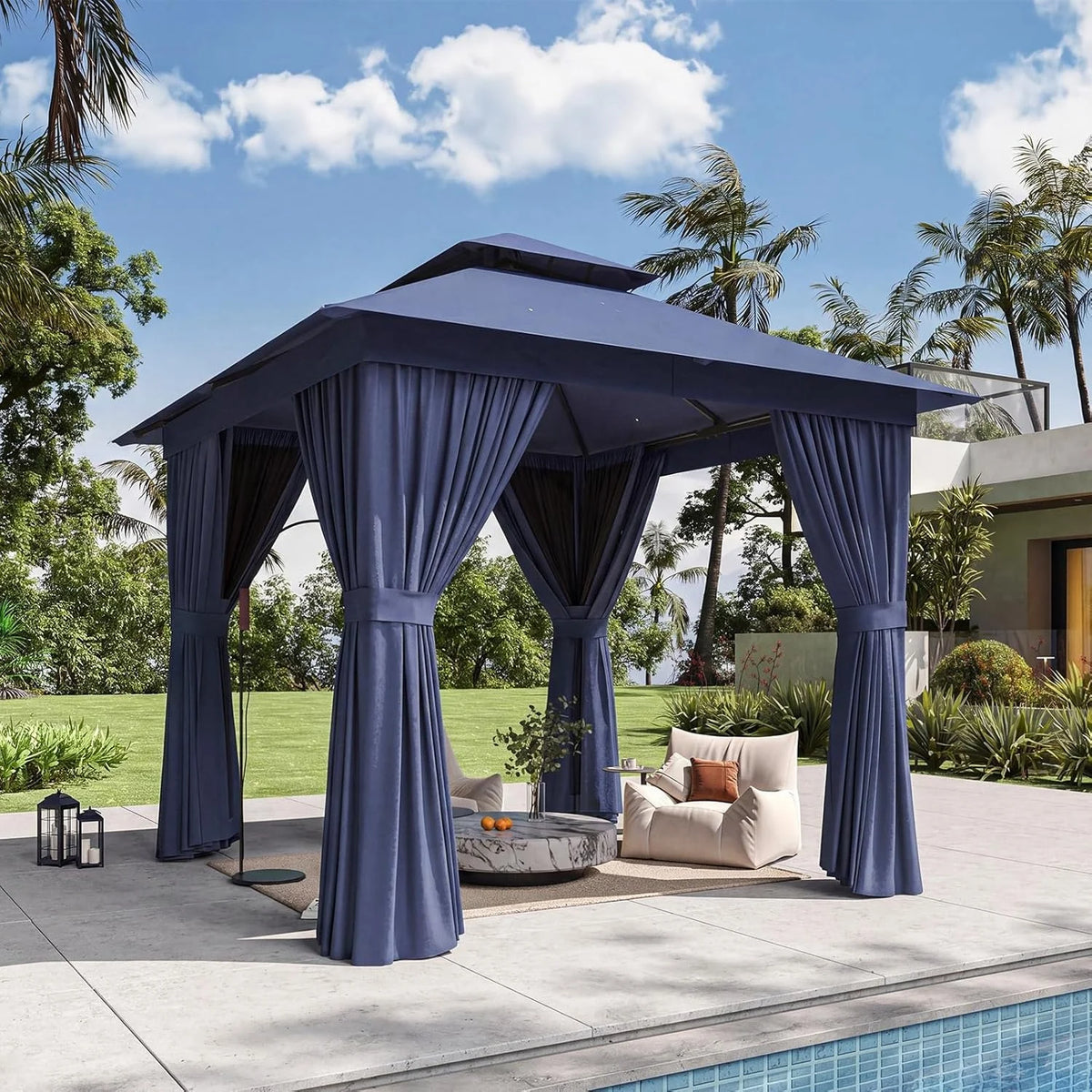 Aoxun Heavy Duty Double Roof Gazebo With Zipper Screen Curtain