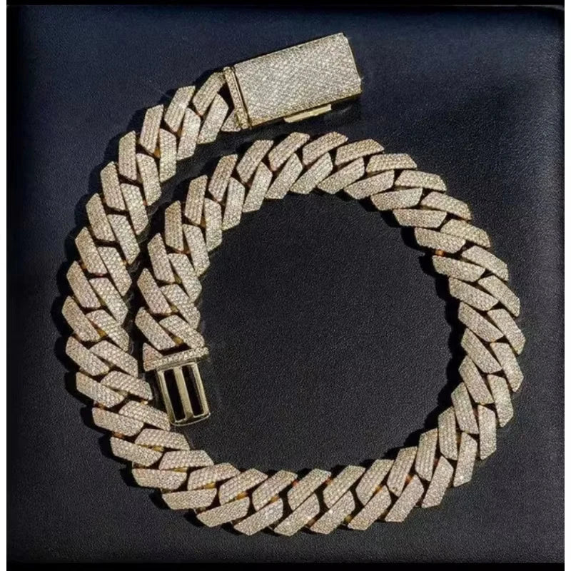 15mm Prong-Set Miami Cuban Chain Necklace, Double-Row Diamond-Set Square Cuban Chain Collar Jewelry