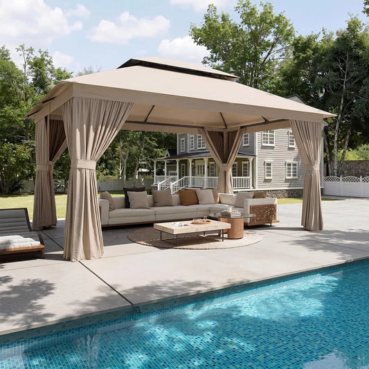 Aoxun Heavy Duty Double Roof Gazebo With Zipper Screen Curtain