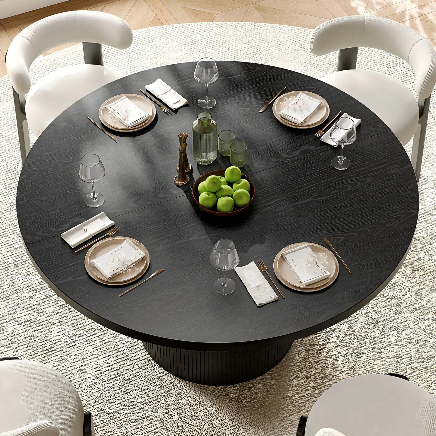 Black 47 Inch Round Dining Table For 4, Circle Fluted Kitchen Table Wood, Modern Dinner Tables For Kitchen, Living Room