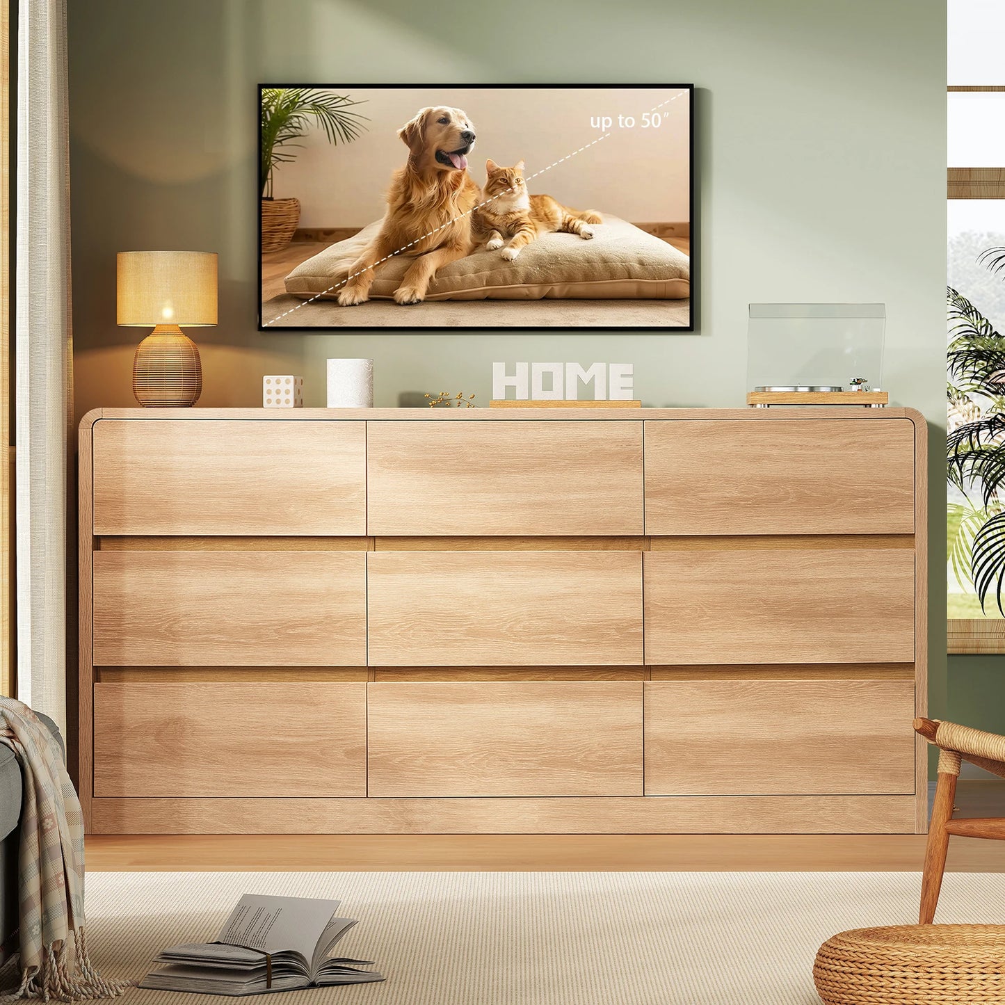 9 Drawer Dresser for Bedroom, 63" Wide Dressers & Chest of Drawers with Curved Profile Design, Wood Closet Storage Dressers Orga