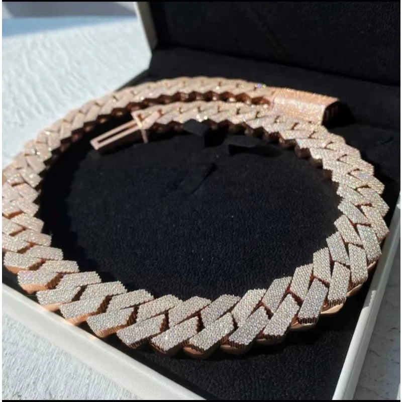 15mm Prong-Set Miami Cuban Chain Necklace, Double-Row Diamond-Set Square Cuban Chain Collar Jewelry